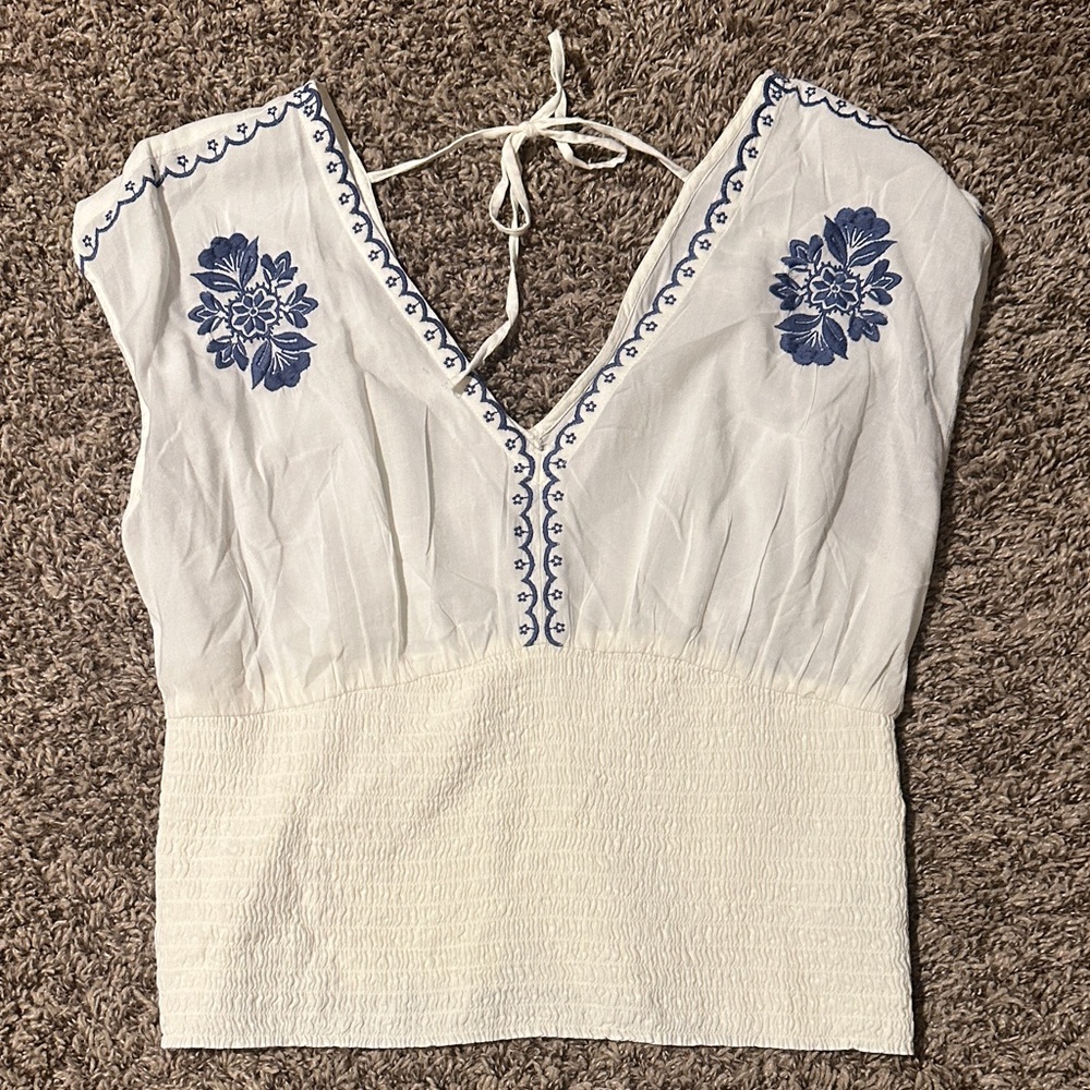 Old Navy White Top with Blue Floral Accents